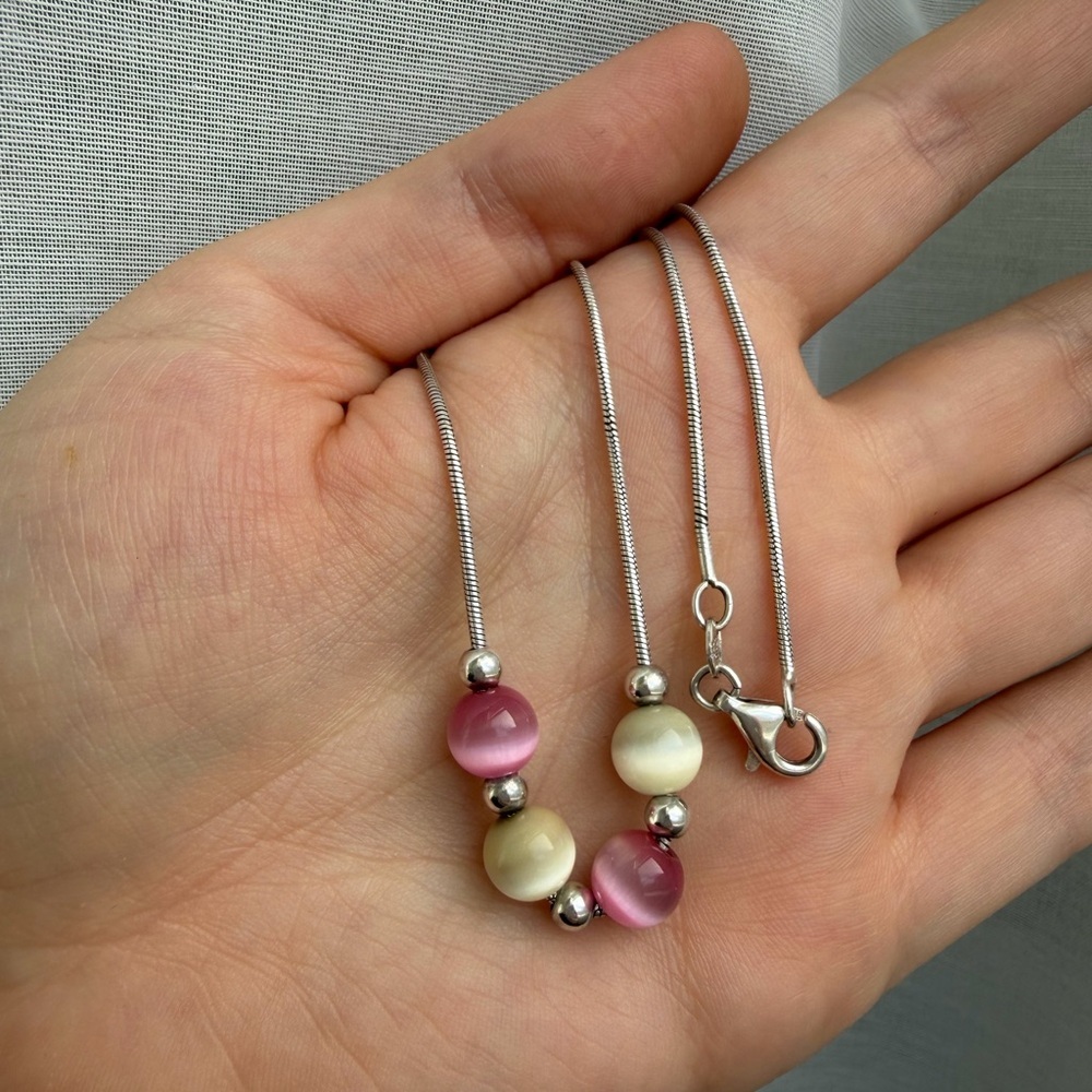 Pink and Cream Beaded Necklace Sterling Silver 925